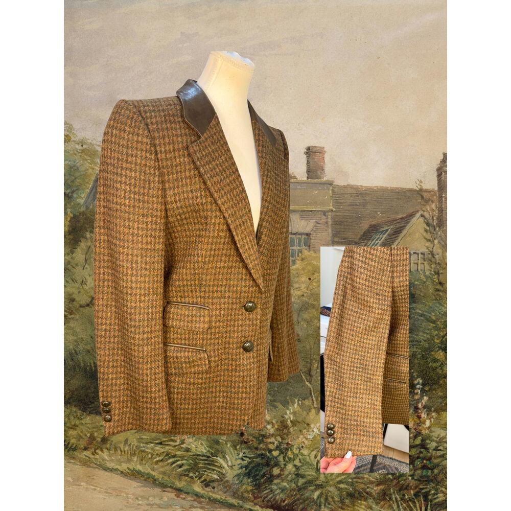 Vintage 80s Escada Equestrian Leather-Trim Rust Brown Tweed Plaid Blazer 6/8 - Picture 3 of 6